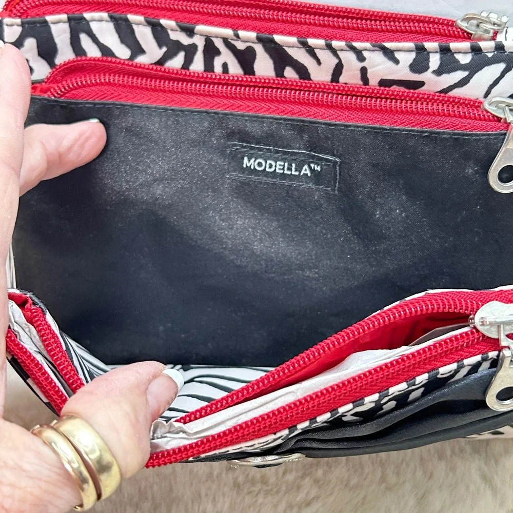 Modella 3 Piece Purse Set Zebra Print Black Bow Accent‎ Travel Organization NEW